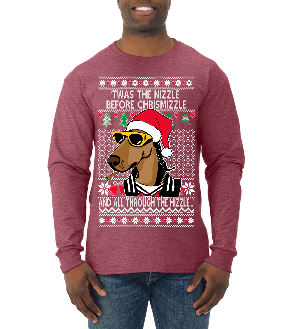 Twas The Nizzle Before Chrismizzle Gangster Dogg Rapper, Christmas Gifts, Funny Xmas Gift Idea, Ugly Christmas Sweater Mens Long Sleeve Shirt