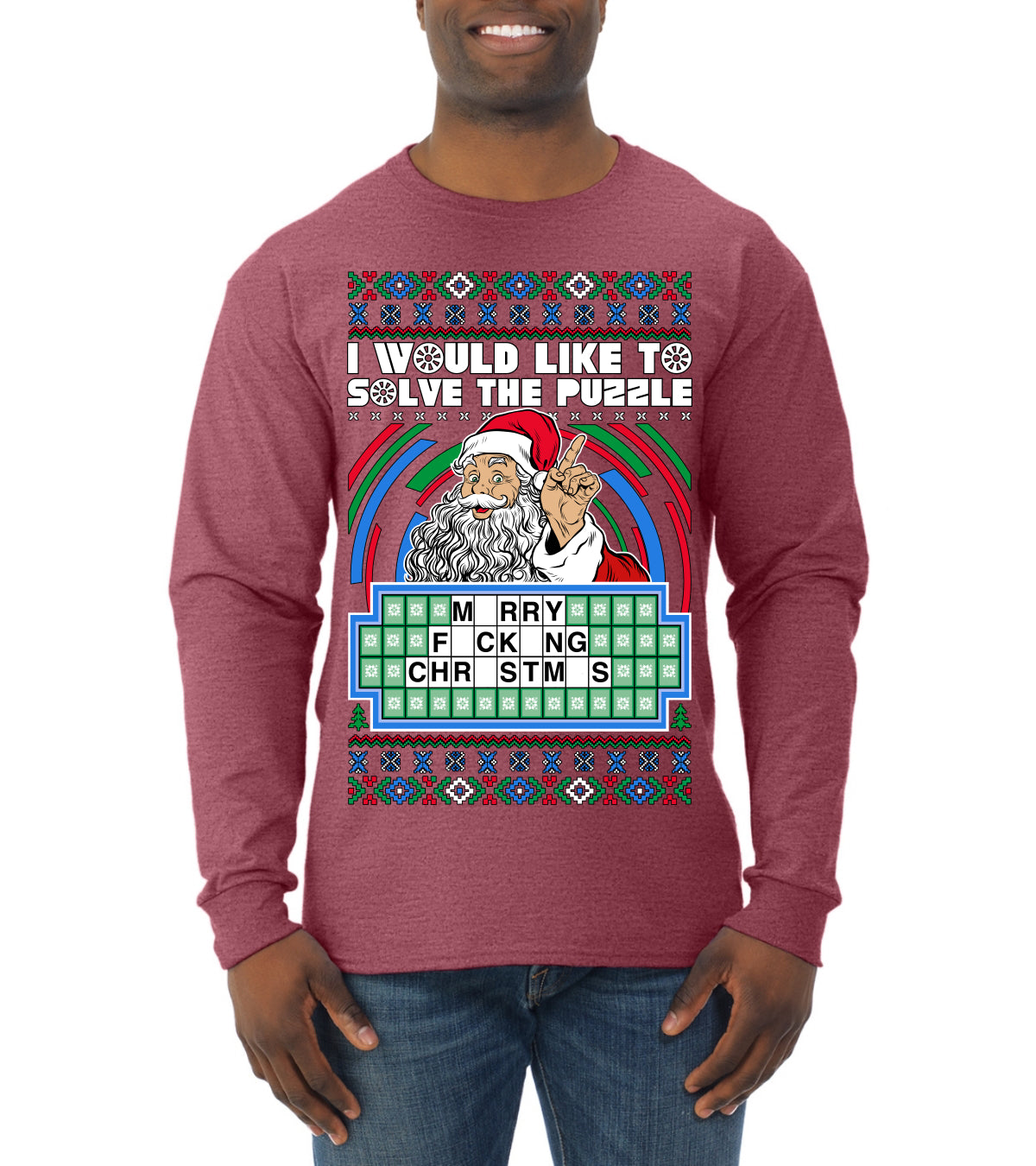 Santa Game Show I'd Like To Solve the Puzzle Wheel Ugly Christmas Sweater, Christmas Gifts, Funny Xmas Gift Idea, Mens Long Sleeve Shirt