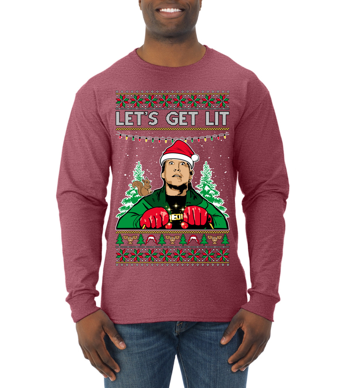 Let's Get Lit Clark Vacation Movie Parody Ugly Christmas Sweater, Christmas Gifts, Funny Xmas Gift Idea, Mens Long Sleeve Shirt