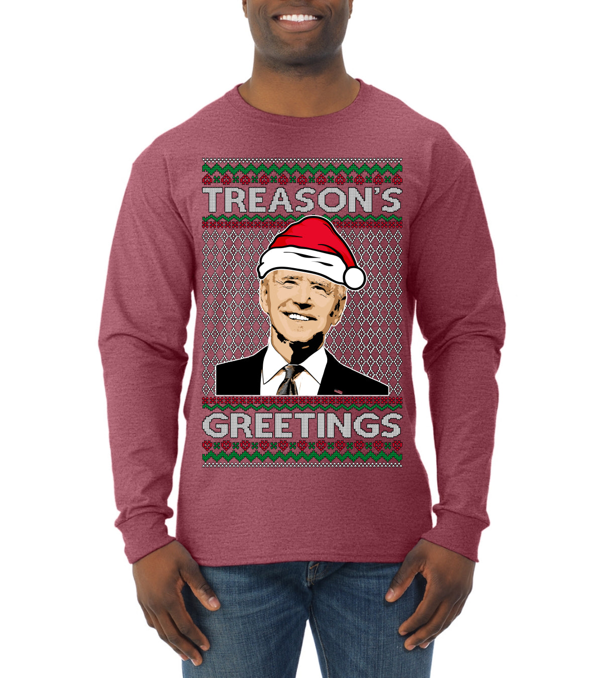 Treason's Greetings Biden President Humor Ugly Christmas Sweater, Christmas Gifts, Funny Xmas Gift Idea, Mens Long Sleeve Shirt