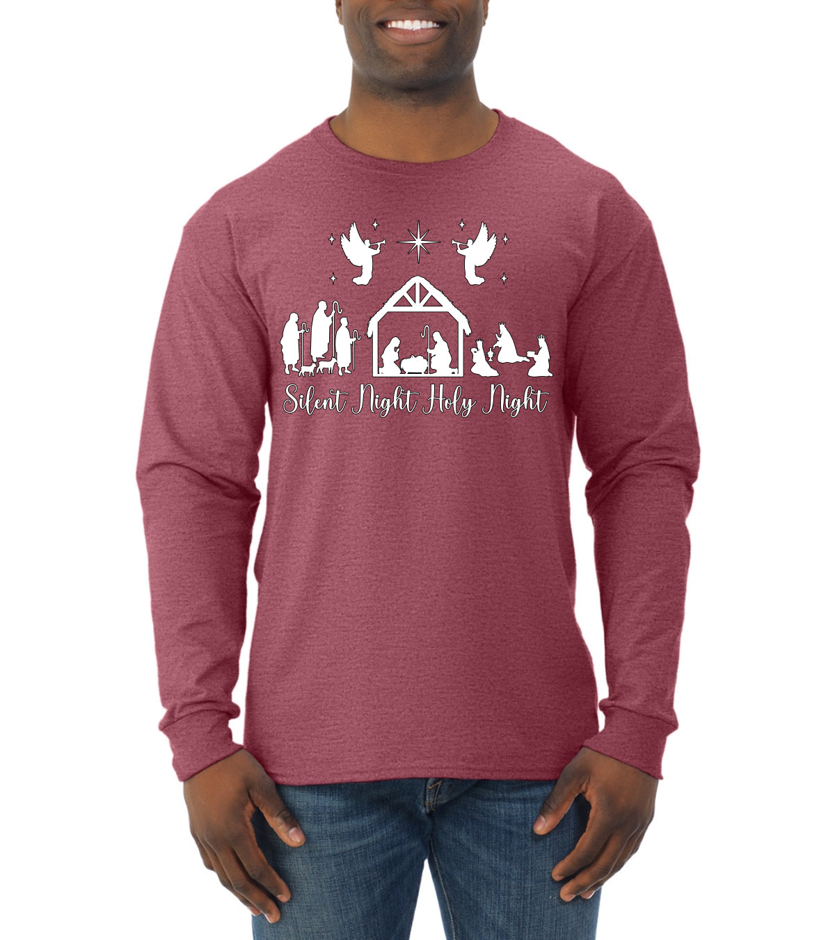 Silent Night Holy Night Religious Jesus Ugly Christmas Sweater, Christmas Gifts, Funny Xmas Gift Idea, Mens Long Sleeve Shirt