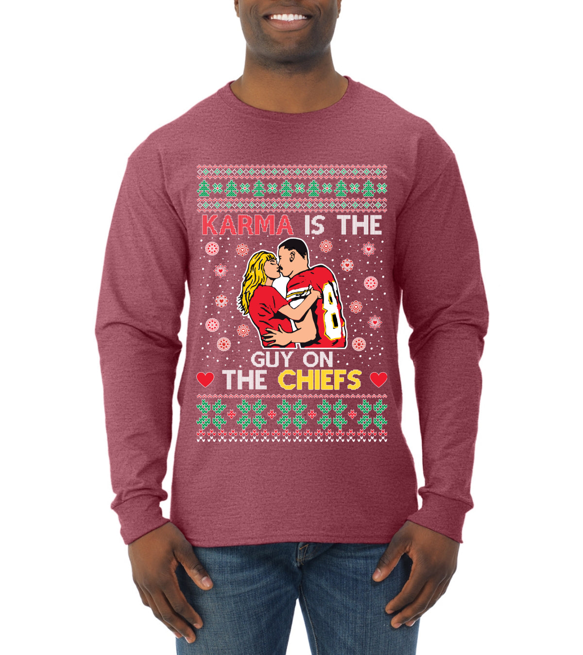 Karma is the Guy on the Football Team, Christmas Gifts, Funny Xmas Gift Idea, Ugly Christmas Mens Long Sleeve Shirt