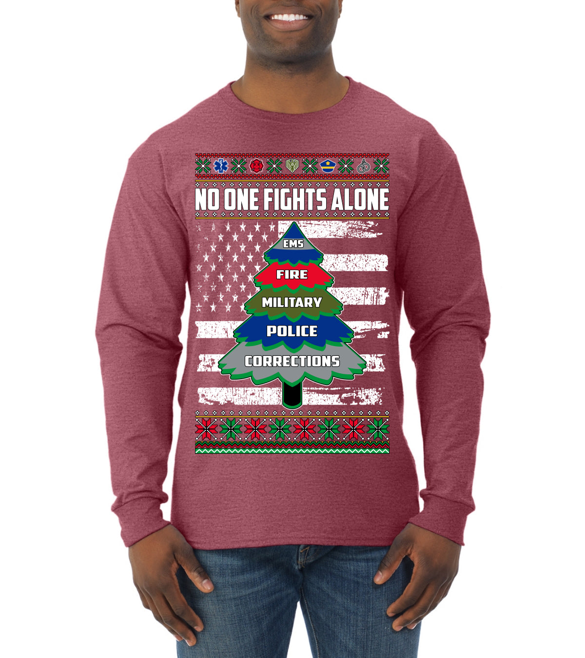 No One Fights Alone, The Heroes, Christmas Gifts, Funny Xmas Gift Idea, Ugly Christmas Sweater Mens Long Sleeve Shirt