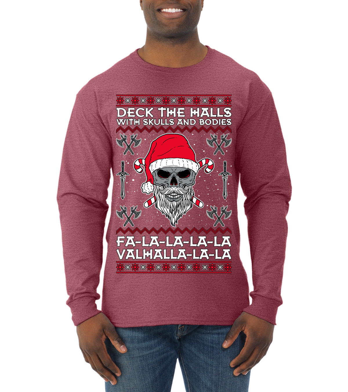 Valhalla Deck The Halls With Skulls & Bodies Movie Xmas Shirt, Christmas Gifts, Funny Xmas Gift Idea, Ugly Christmas Sweater Mens Long Sleeve Shirt