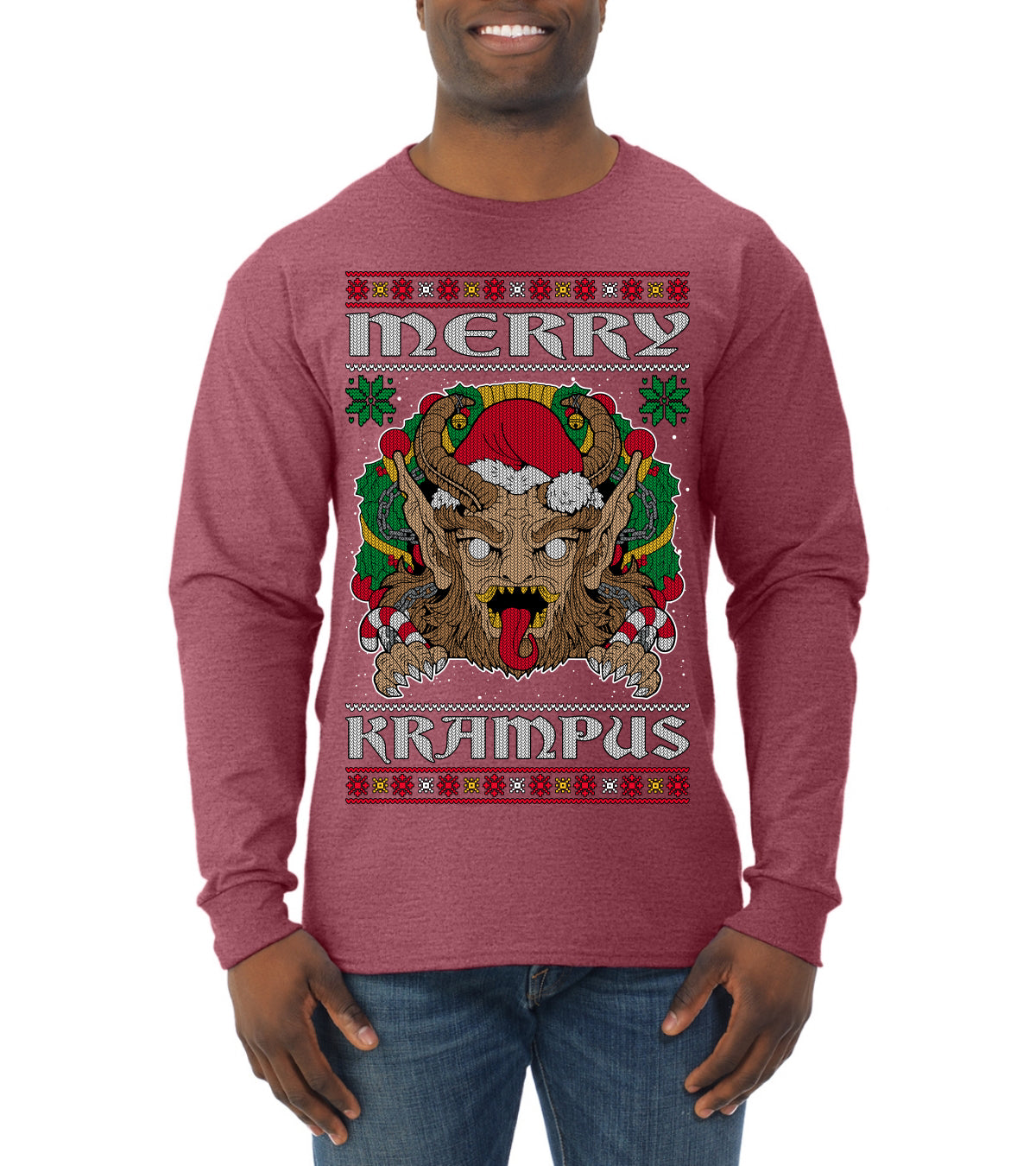 Merry Krampus Scary Xmas Movie, Christmas Gifts, Funny Xmas Gift Idea, Ugly Christmas Sweater Mens Long Sleeve Shirt