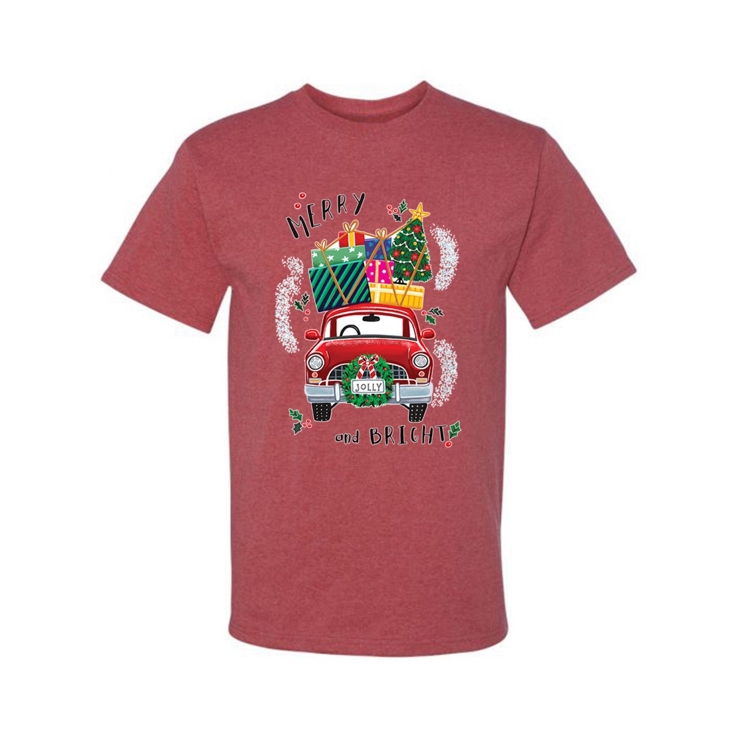 Men's Christmas Shirt, Merry and Bright Red Car Ugly Christmas Tshirt Men's Graphic T-Shirt Ugly Christmas Men's T-Shirt