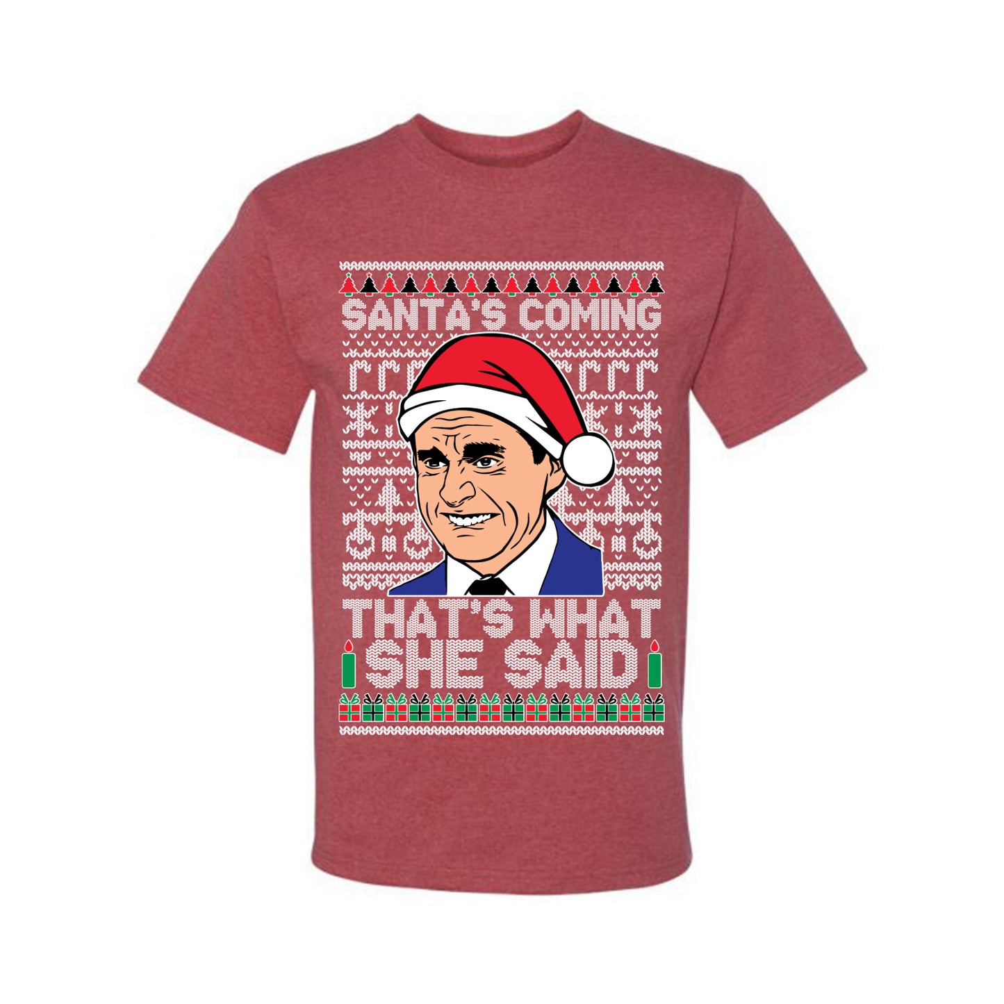 Graphic Ugly Xmas T-shirt Michael Scott "Santas Coming That's What She Said" Ugly Christmas T-shirt Ugly Christmas Men's T-Shirt