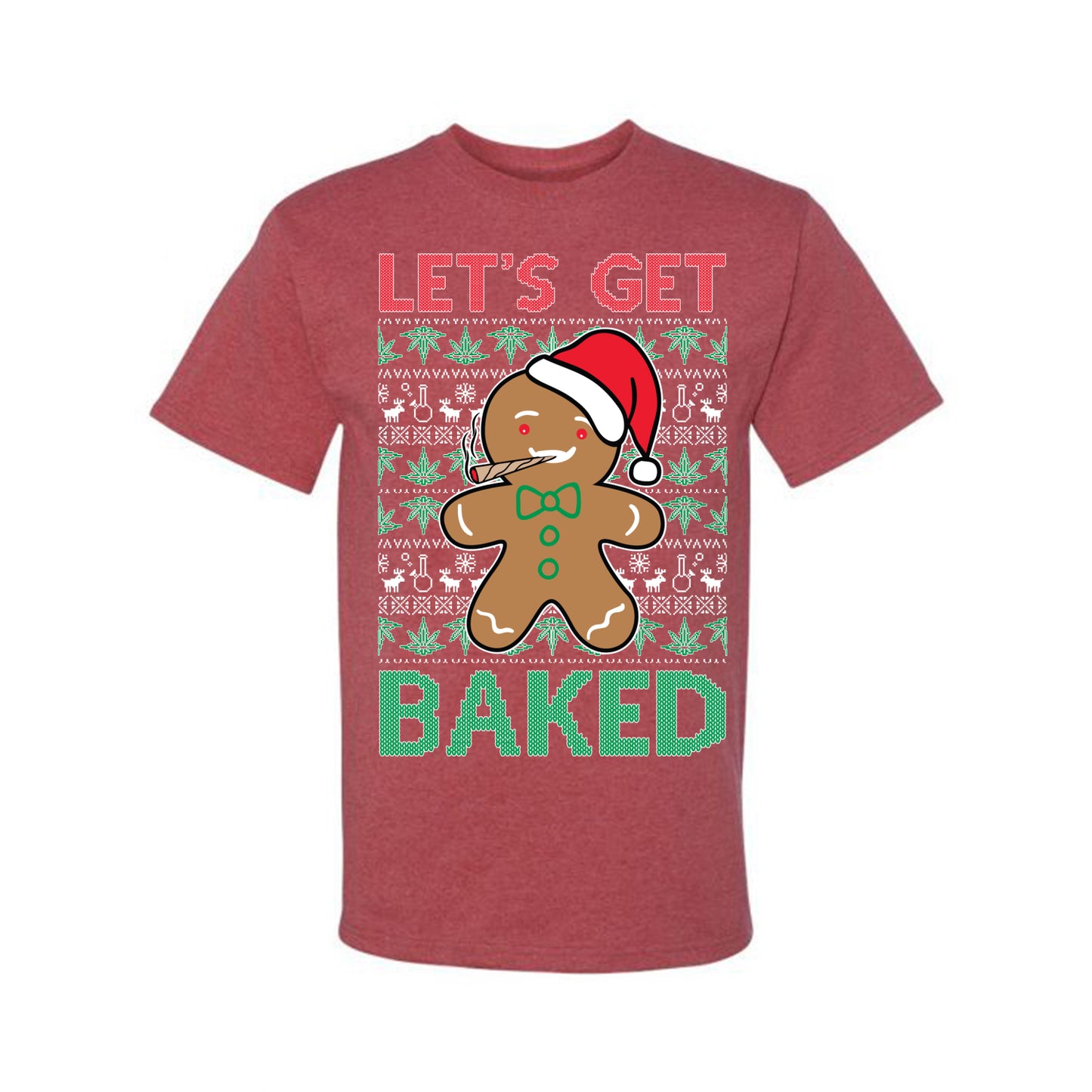 Graphic Funny Ugly Xmas Holiday T-shirt "Lets Get Baked!" Gingerbread Weed Stoner Ugly Christmas T-shirt Ugly Christmas Men's T-Shirt