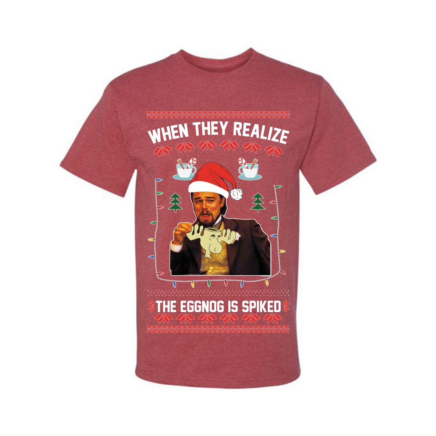 Ugly Christmas Tshirt , Leo Laughing Dank Meme, When they Realize the Eggnog is Spiked Ugly Christmas Tshirt Men's Graphic T-Shirt Ugly Christmas Men's T-Shirt