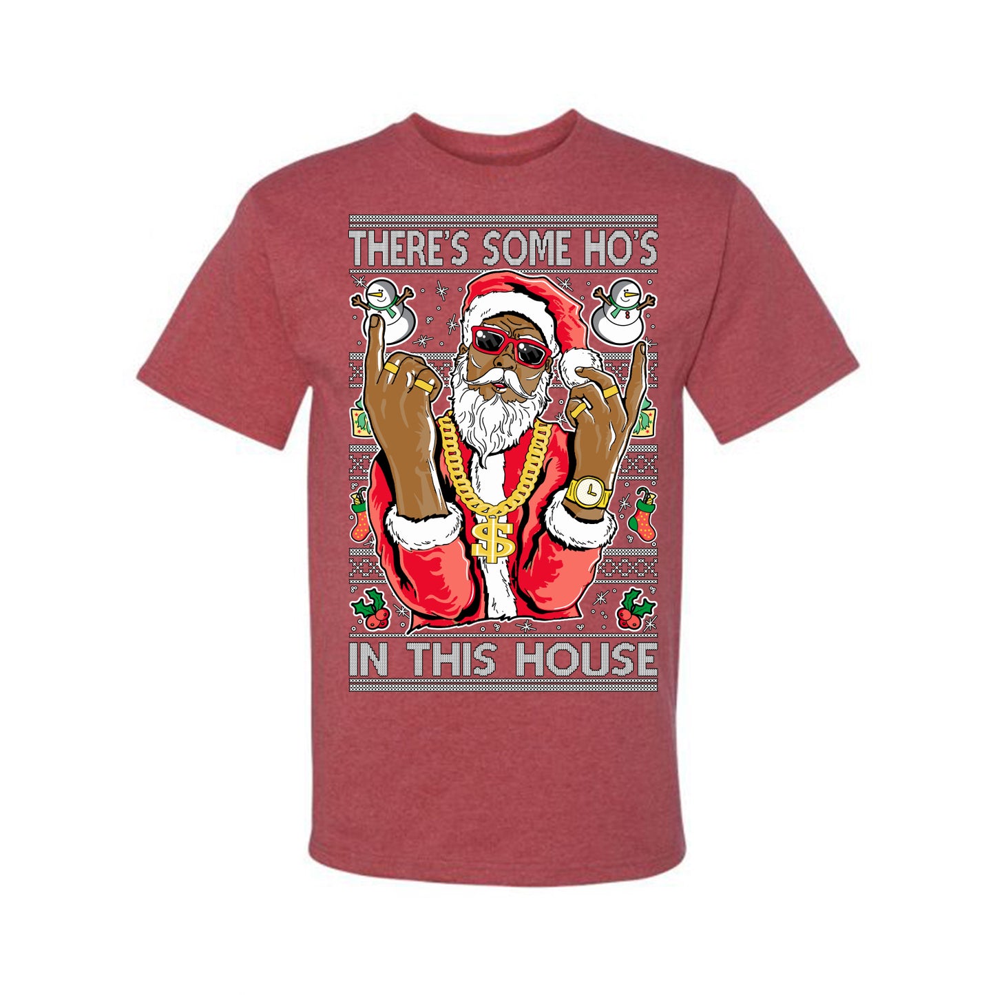 Ugly Holiday T-shirt Graphic Black Santa Claus Gangster Bling Ho's In This House, Ugly Christmas T-shirt Ugly Christmas Men's T-Shirt