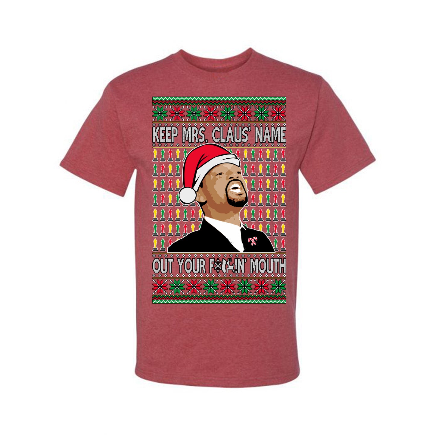 Ugly Xmas Graphic T-shirt Will Smith Slaps Chris Rock Meme Mrs Claus' Name Out Your Mouth Ugly Christmas T-shirt Ugly Christmas Men's T-Shirt