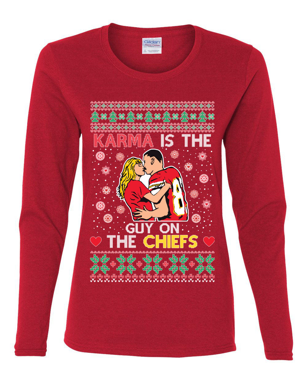 Karma is the Guy on the Football Team, Christmas Gifts, Funny Xmas Gift Idea, Ugly Christmas Womens Graphic Long Sleeve T-Shirt