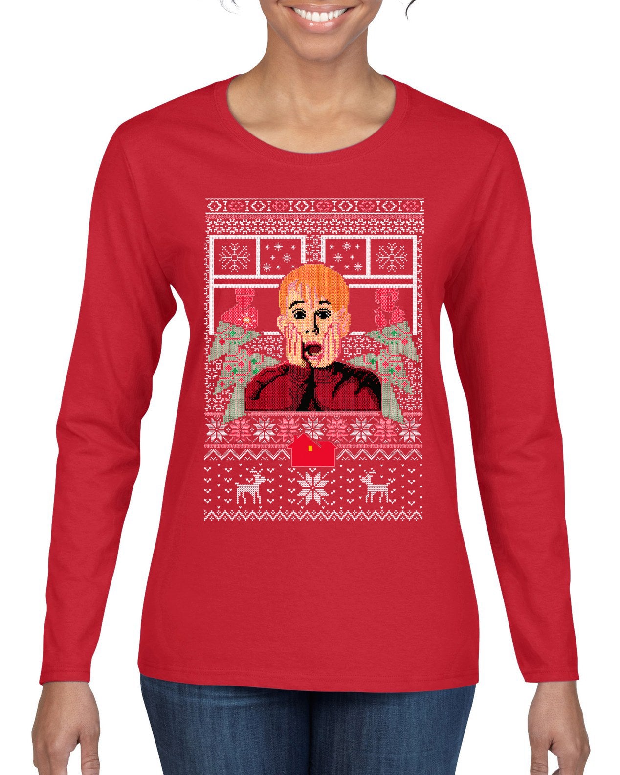 Kevin Merry Xmas Movie Fan, Christmas Gifts, Funny Xmas Gift Idea, Ugly Christmas Sweater Womens Graphic Long Sleeve T-Shirt