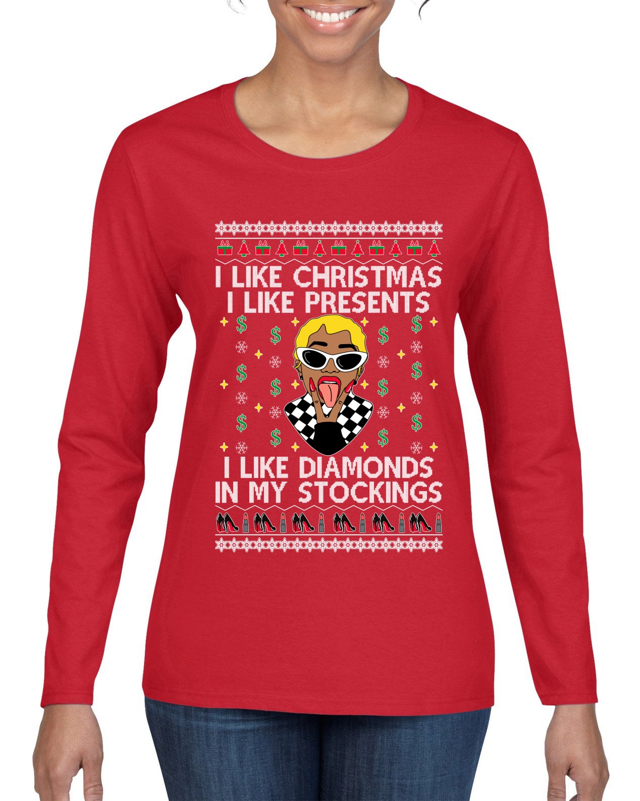 I Like Christmas, I like Presents Cardi, Christmas Gifts, Funny Xmas Gift Idea, Ugly Christmas Sweater Womens Graphic Long Sleeve T-Shirt