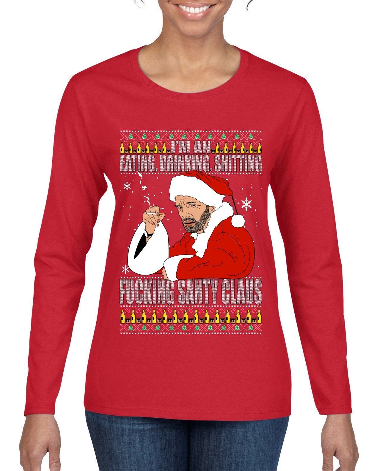 Bad Santa Fucking Santy Claus, Christmas Gifts, Funny Xmas Gift Idea, Ugly Christmas Sweater Womens Graphic Long Sleeve T-Shirt