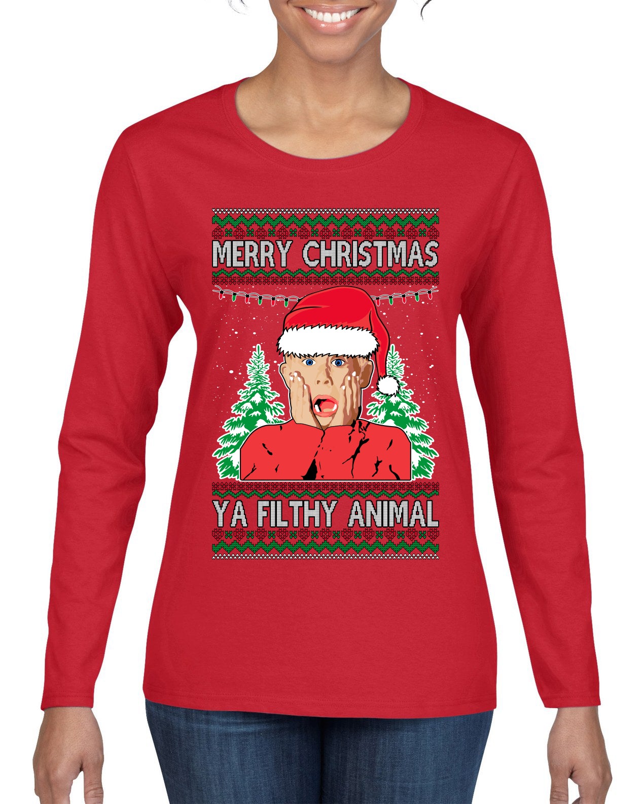 Filthy Animal Christmas Sweatshirt Kevin Movie Christmas Sweater, Ugly Christmas Sweater Unisex Crewneck Sweatshirt Ugly Christmas Sweater Womens Graphic Long Sleeve T-Shirt