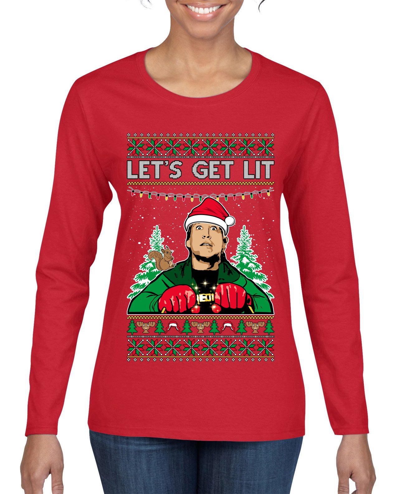 Let's Get Lit Clark Vacation Movie Parody Ugly Christmas Sweater, Christmas Gifts, Funny Xmas Gift Idea, Womens Graphic Long Sleeve T-Shirt