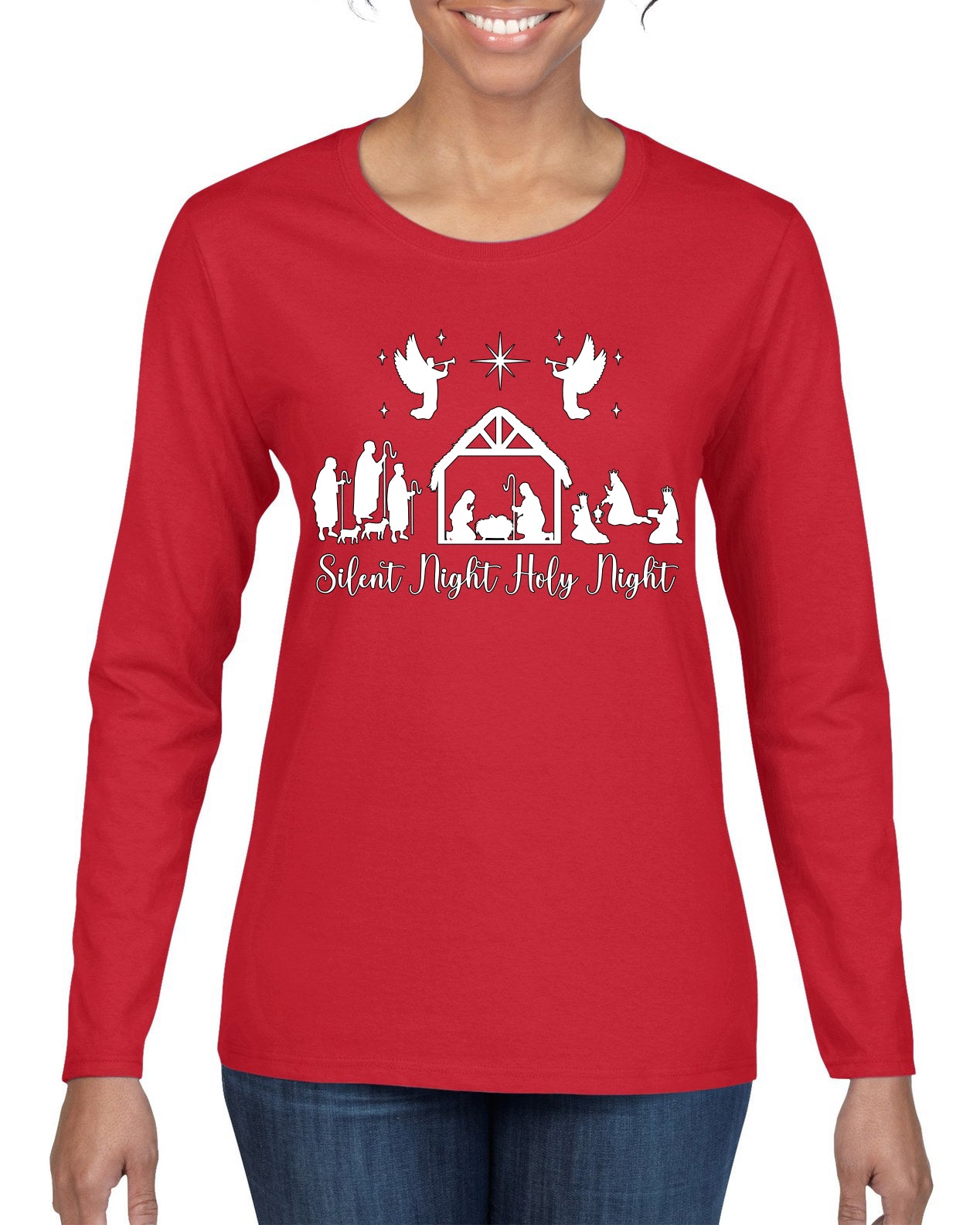 Silent Night Holy Night Religious Jesus Ugly Christmas Sweater, Christmas Gifts, Funny Xmas Gift Idea, Womens Graphic Long Sleeve T-Shirt