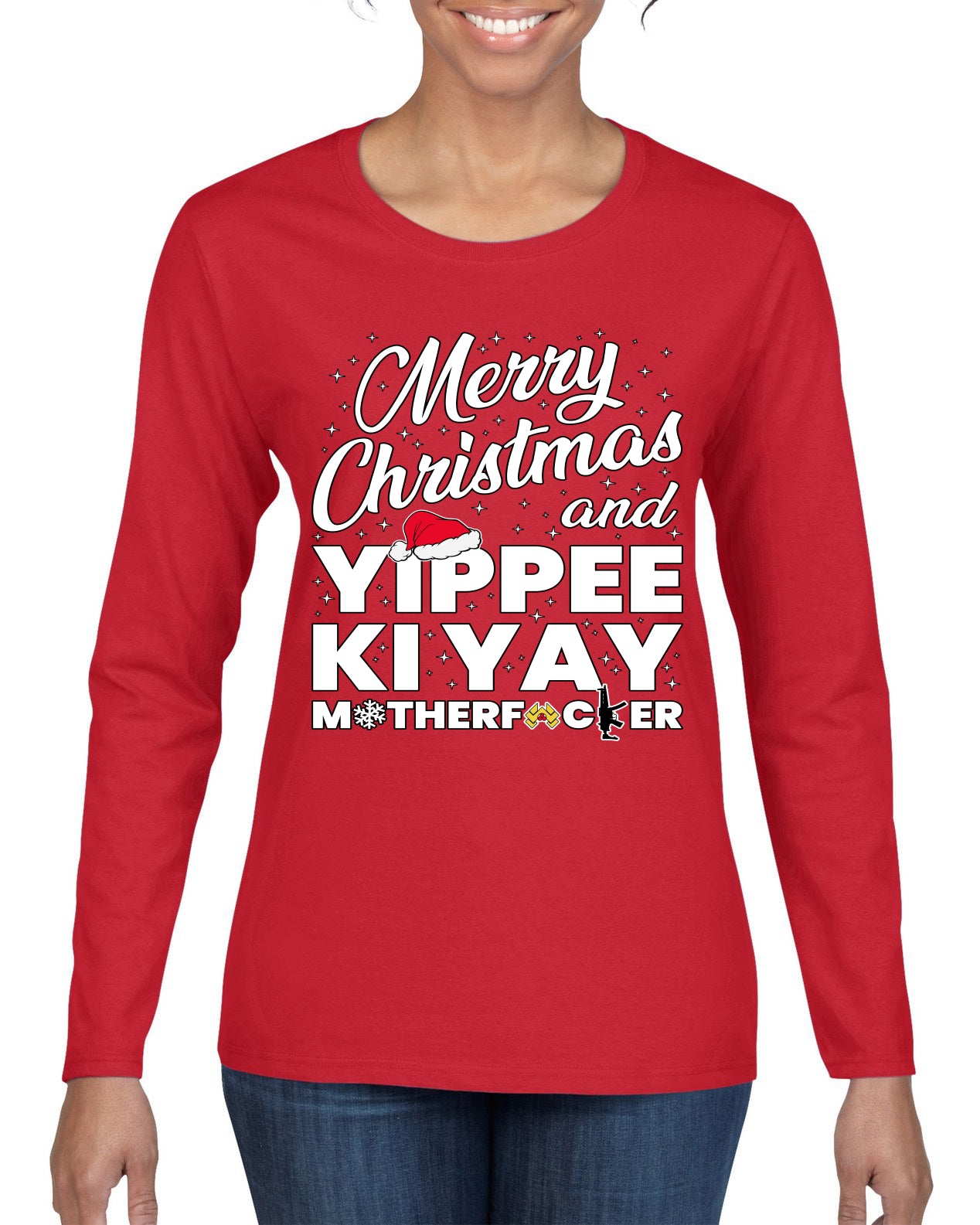 Merry Christmas and Yippee Ki Yay MOFO Ugly Christmas Sweater, Christmas Gifts, Funny Xmas Gift Idea, Womens Graphic Long Sleeve T-Shirt