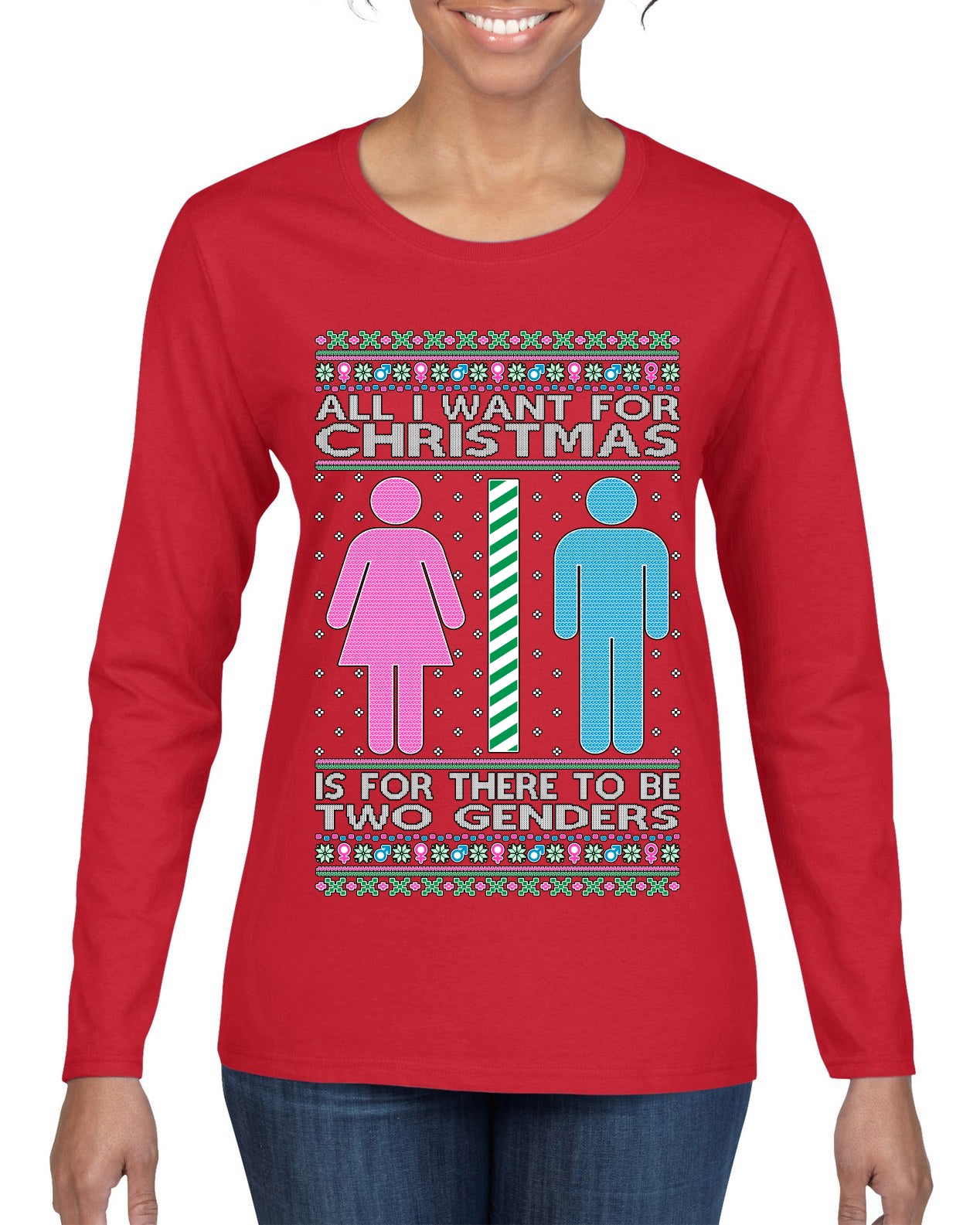 Two Genders For Christmas is All I Want, Christmas Gifts, Funny Xmas Gift Idea Ugly Christmas Sweater Womens Graphic Long Sleeve T-Shirt
