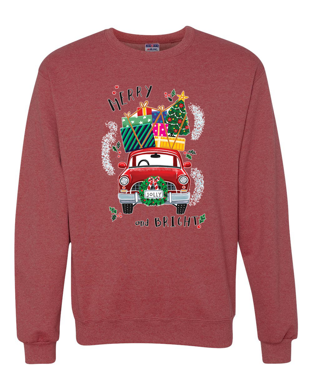 Men's Christmas Long Sleeve Shirt, Merry and Bright Red Car Ugly Christmas Sweater Unisex Crewneck Sweatshirt