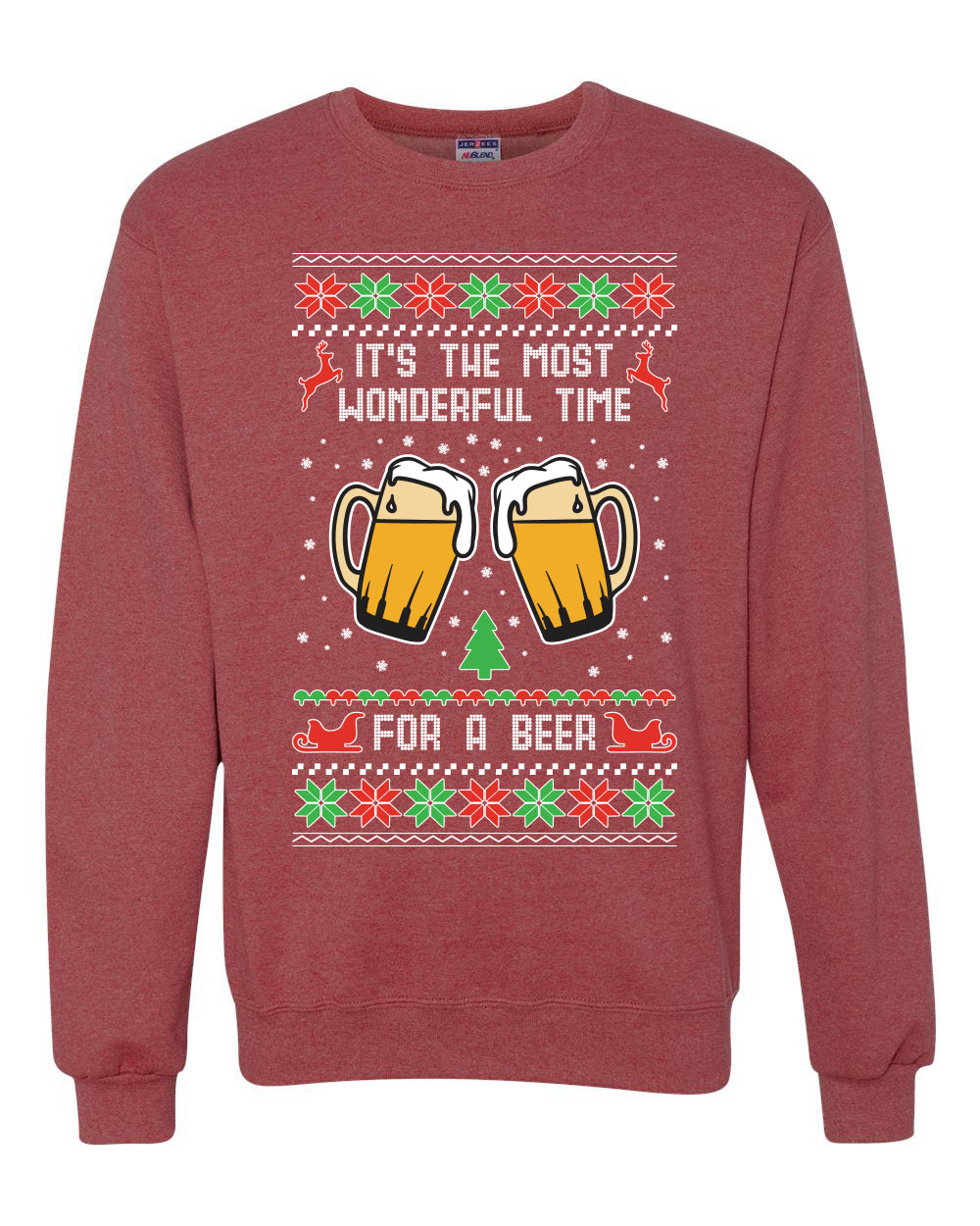 Men's Ugly Christmas Sweater Long Sleeve Shirt, "It's The Most Wonderful Time for a Beer" Ugly Christmas Sweater Unisex Crewneck Sweatshirt