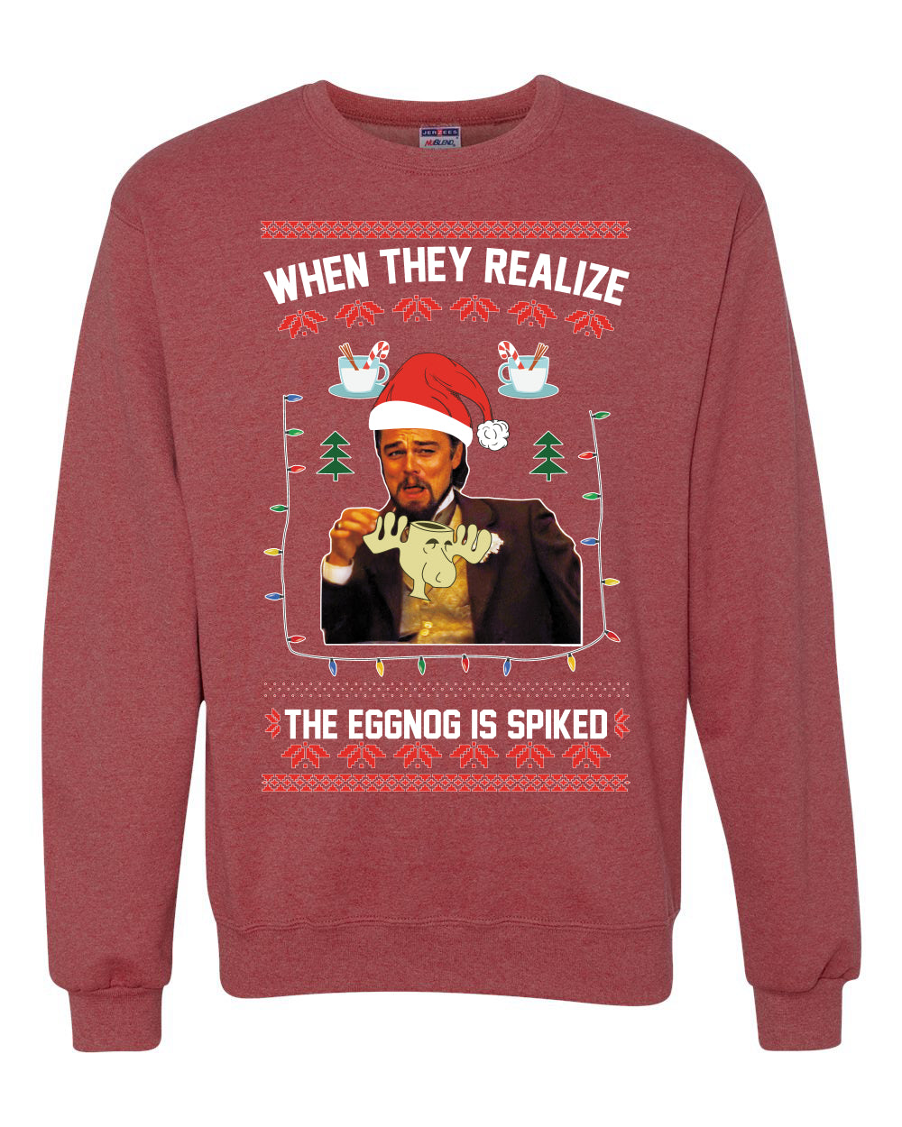 Unisex Graphic Ugly Christmas Crewneck Sweater Sweatshirt, Leo Laughing Dank Meme, When they Realize the Eggnog is Spiked Ugly Christmas Sweater Unisex Crewneck Sweatshirt