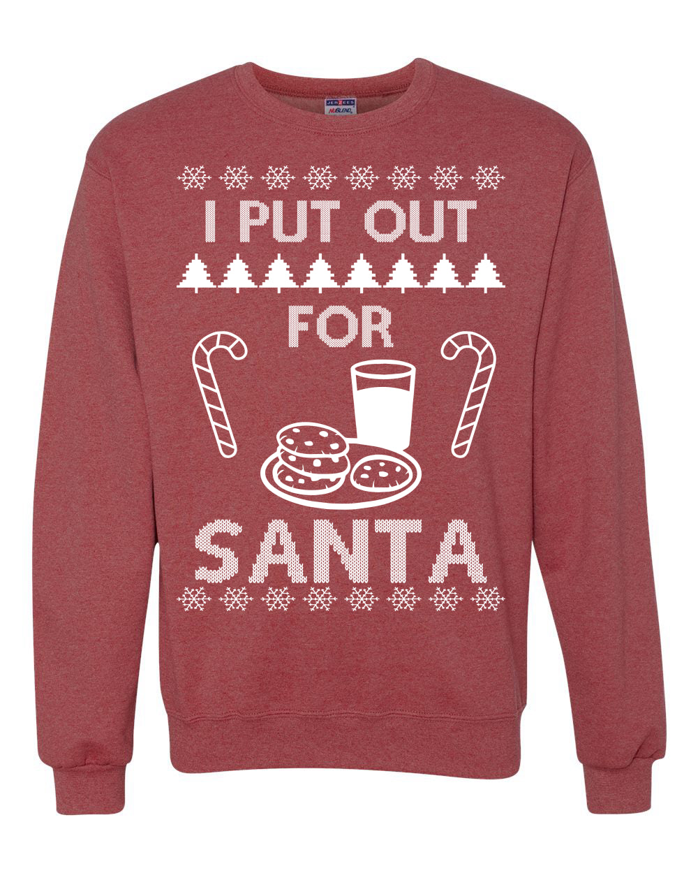 Funny Adult Men's Ugly Holiday Xmas Sweater, "I Put Out for Santa", Milk Cookies Candy Ugly Christmas Sweater Unisex Crewneck Sweatshirt