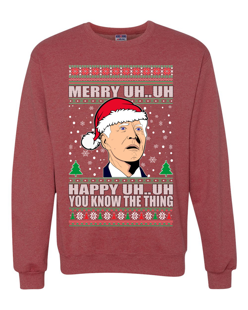 Funny Graphic Ugly Xmas Holiday Sweater Crewneck Sweatshirt "Merry UH UH You Know The Thing" Anti Joe Biden Confused Sleepy Old Ugly Christmas Sweater Unisex Crewneck Sweatshirt