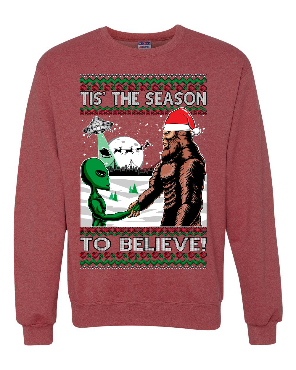 Ugly Unisex Crewneck Christmas Sweater "Bigfoot "Tis' The Season to Believe in Conspiracies, Aliens, and Ufo" Ugly Christmas Sweater Unisex Crewneck Sweatshirt