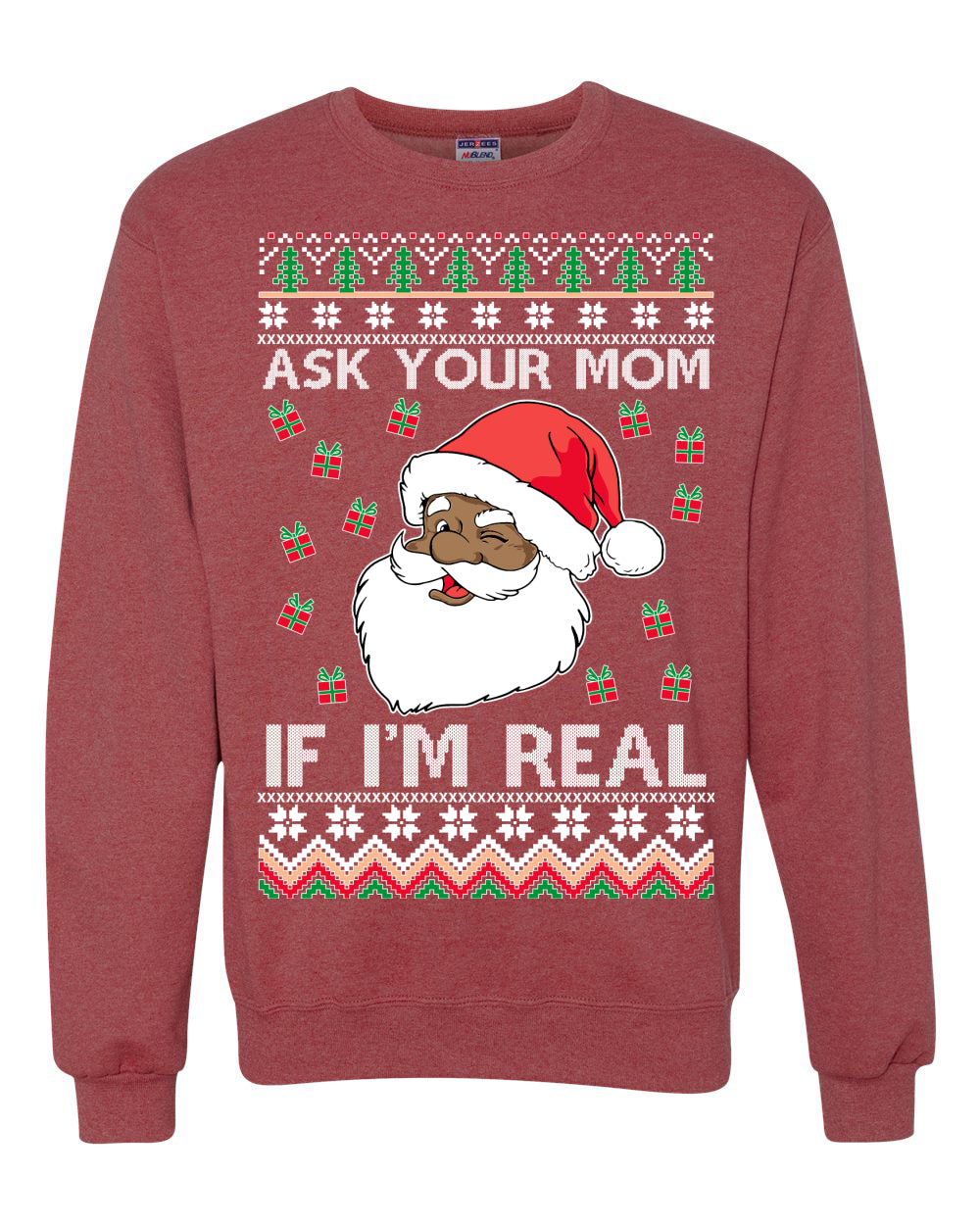 Graphic Ugly Xmas Holiday Sweater Sweatshirt Crewneck Unisex, Ask Your Mom If I'm Real, Black Santa Claus, Shark & Hammer Ugly Christmas Sweater Unisex Crewneck Sweatshirt