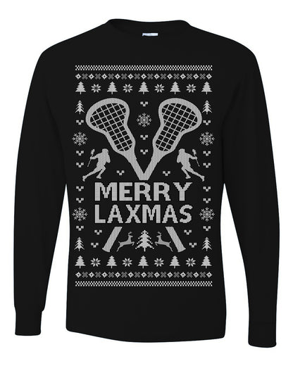 Merry Laxmas Funny Lacrosse Sports LAX, Teen Sport Player Boys Girls Adult Pun Ugly Christmas Sweater Ugly Christmas Mens Long Sleeve Shirt