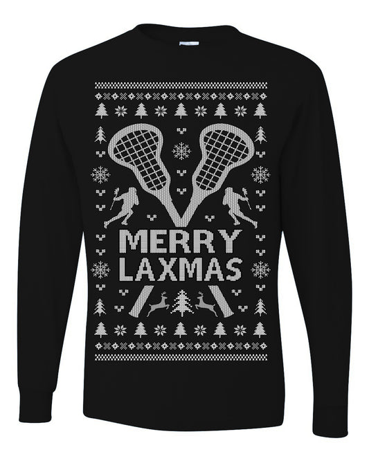 Merry Laxmas Funny Lacrosse Sports LAX, Teen Sport Player Boys Girls Adult Pun Ugly Christmas Sweater Ugly Christmas Mens Long Sleeve Shirt
