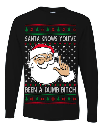 Santa Knows You've Been a Dumb Bitch Funny Vulgar Dirty Ugly Christmas Sweater Ugly Christmas Mens Long Sleeve Shirt