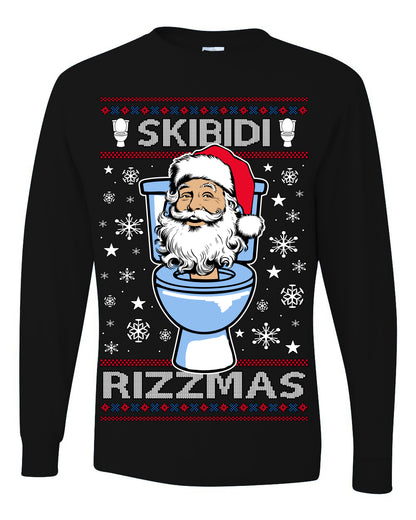 Skibidi Rizzmas Funny Toilet Video Viral Brain Rot Meme, Gen Z Alpha Slang Brainrot Memes Ugly Christmas Sweater Ugly Christmas Mens Long Sleeve Shirt