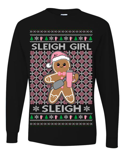 Sleigh Girl Sleigh Funny Trendy Pop Girly Sling Bag Coffee Cup Ugly Christmas Sweater Ugly Christmas Mens Long Sleeve Shirt