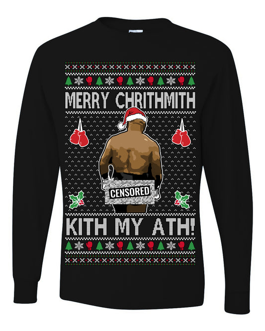 Merry Chrithmith Kith My Ath Censored, Funny Mike Tyson Viral Kiss My Ass Boxing Fight Meme, Men Women Ugly Christmas Sweater Ugly Christmas Mens Long Sleeve Shirt