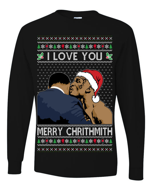 I Love You Merry Chrithmith Funny Mike Tyson Boxing Fight Meme Classic Funny Xmas, Ugly Christmas Sweater Ugly Christmas Mens Long Sleeve Shirt