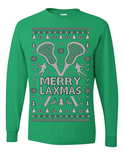 Merry Laxmas Funny Lacrosse Sports LAX, Teen Sport Player Boys Girls Adult Pun Ugly Christmas Sweater Ugly Christmas Mens Long Sleeve Shirt