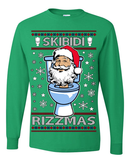 Skibidi Rizzmas Funny Toilet Video Viral Brain Rot Meme, Gen Z Alpha Slang Brainrot Memes Ugly Christmas Sweater Ugly Christmas Mens Long Sleeve Shirt