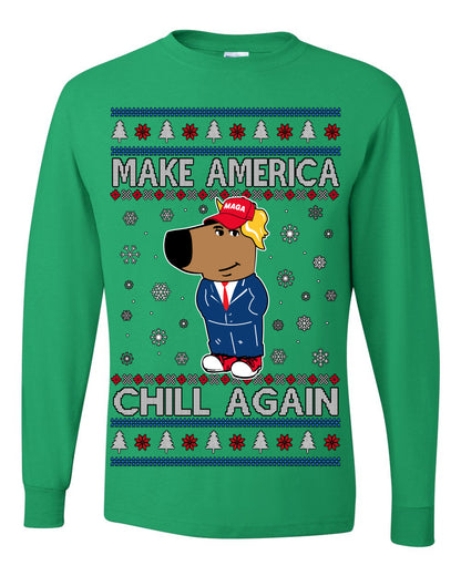 Make America Chill Again Chill Guy Donald Trump, My New Character Viral Gen Z Alpha Meme, MAGA Ugly Christmas Sweater Ugly Christmas Mens Long Sleeve Shirt