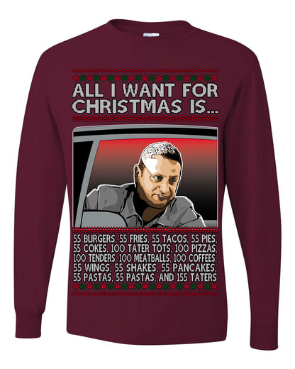 All I Want for Christmas Is 55 Burgers 55 Fries 55 Tacos 55 Pies, Funny Viral I Think Tim TV Show Gen Z Alpha Brainrot Meme Ugly Christmas Sweater Ugly Christmas Mens Long Sleeve Shirt