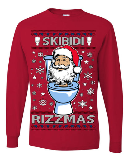 Skibidi Rizzmas Funny Toilet Video Viral Brain Rot Meme, Gen Z Alpha Slang Brainrot Memes Ugly Christmas Sweater Ugly Christmas Mens Long Sleeve Shirt