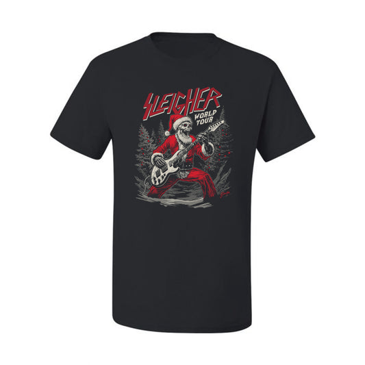 Sleigher World Tour | Funny Heavy Metal Electric Rock Guitar Skull Santa Claus Xmas North Pole Ugly Christmas Men's T-Shirt