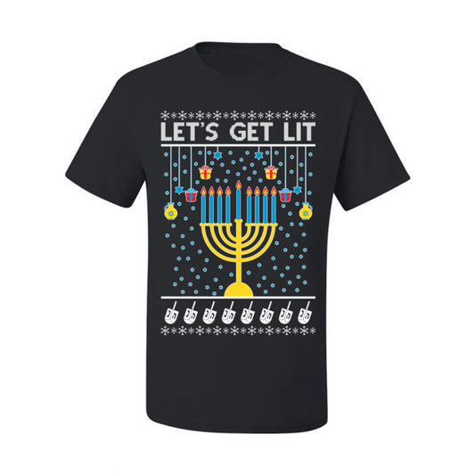 Let's Get Lit, Funny Chanukah Menorah Winter Jewish Holidays, Hanukkah Ugly Christmas Sweater Ugly Christmas Men's T-Shirt