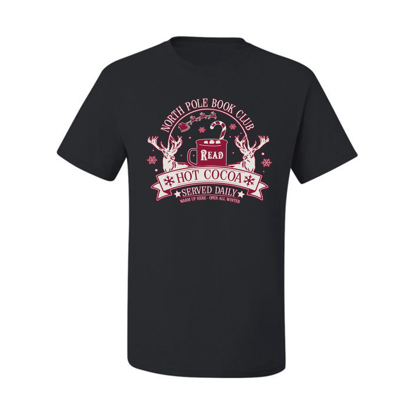 North Pole Book Club | Hot Cocoa Served Daily, Cute Funny Read Books Reading Snow Reindeer Winter Hot Chocolate Ugly Christmas Men's T-Shirt