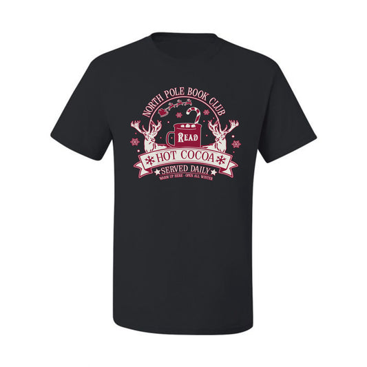 North Pole Book Club | Hot Cocoa Served Daily, Cute Funny Read Books Reading Snow Reindeer Winter Hot Chocolate Ugly Christmas Men's T-Shirt