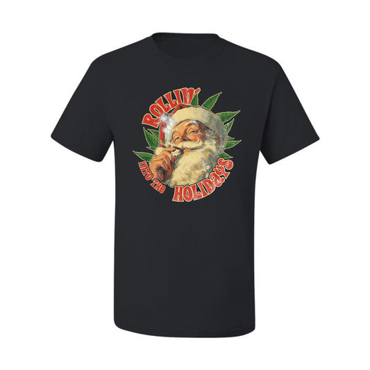 Rollin Into the Holidays | Funny Santa Claus Smoking Weed THC Marijuana Joint Fan  Ugly Christmas Men's T-Shirt