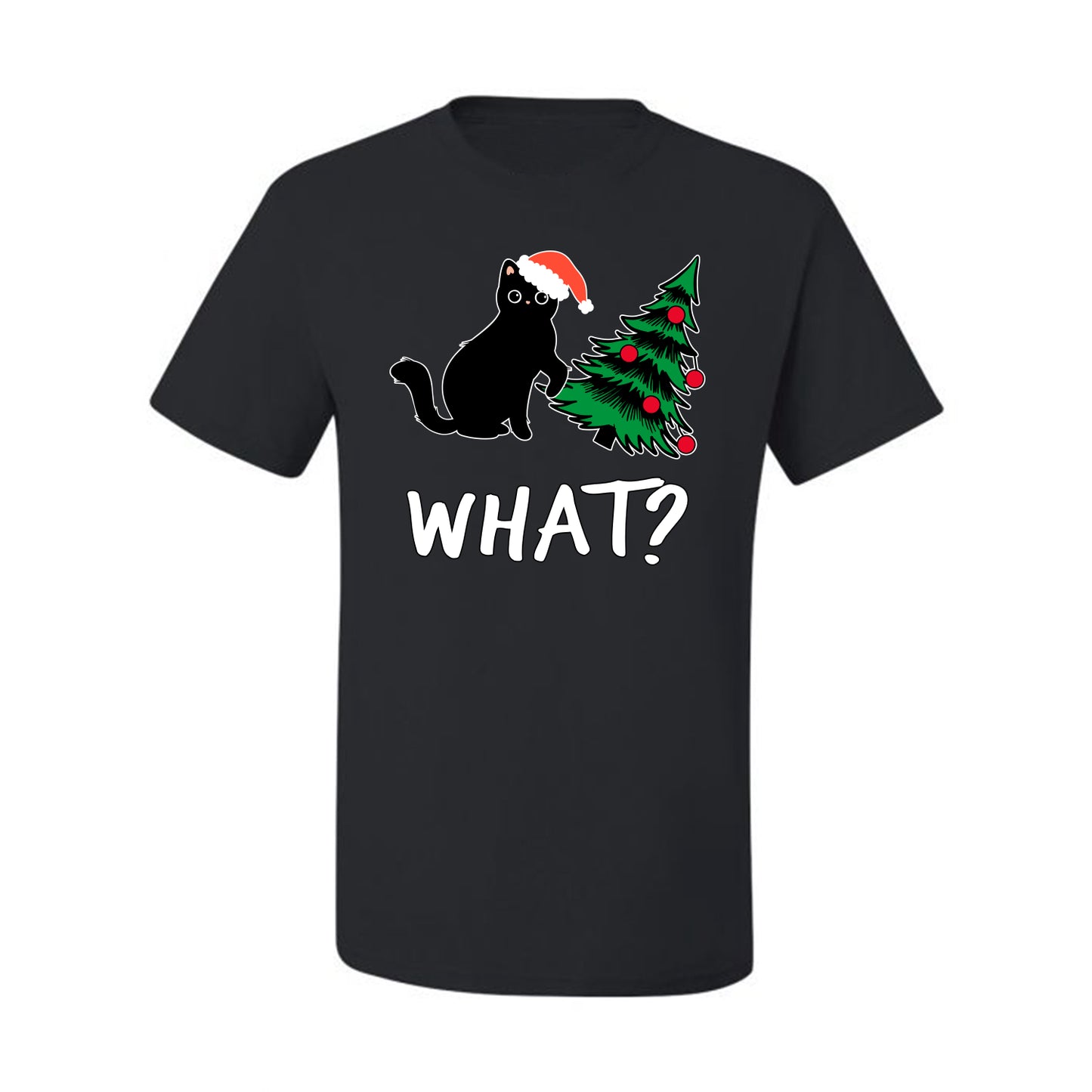 What? Funny Guilty Santa Cat Christmas Tree Mischief Pet Humor Ugly Christmas Men's T-Shirt