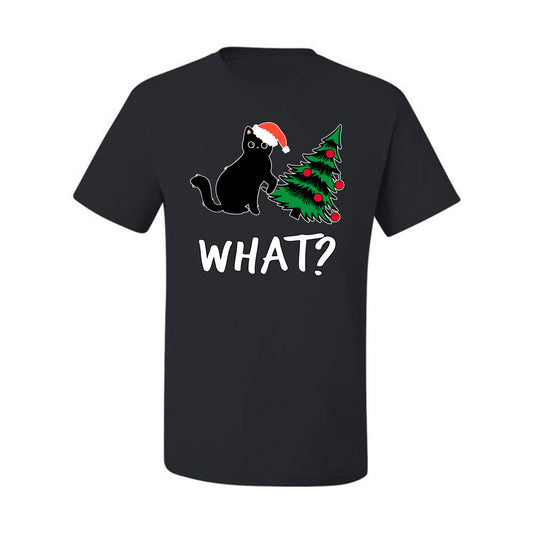 What? Funny Guilty Santa Cat Christmas Tree Mischief Pet Humor Ugly Christmas Men's T-Shirt